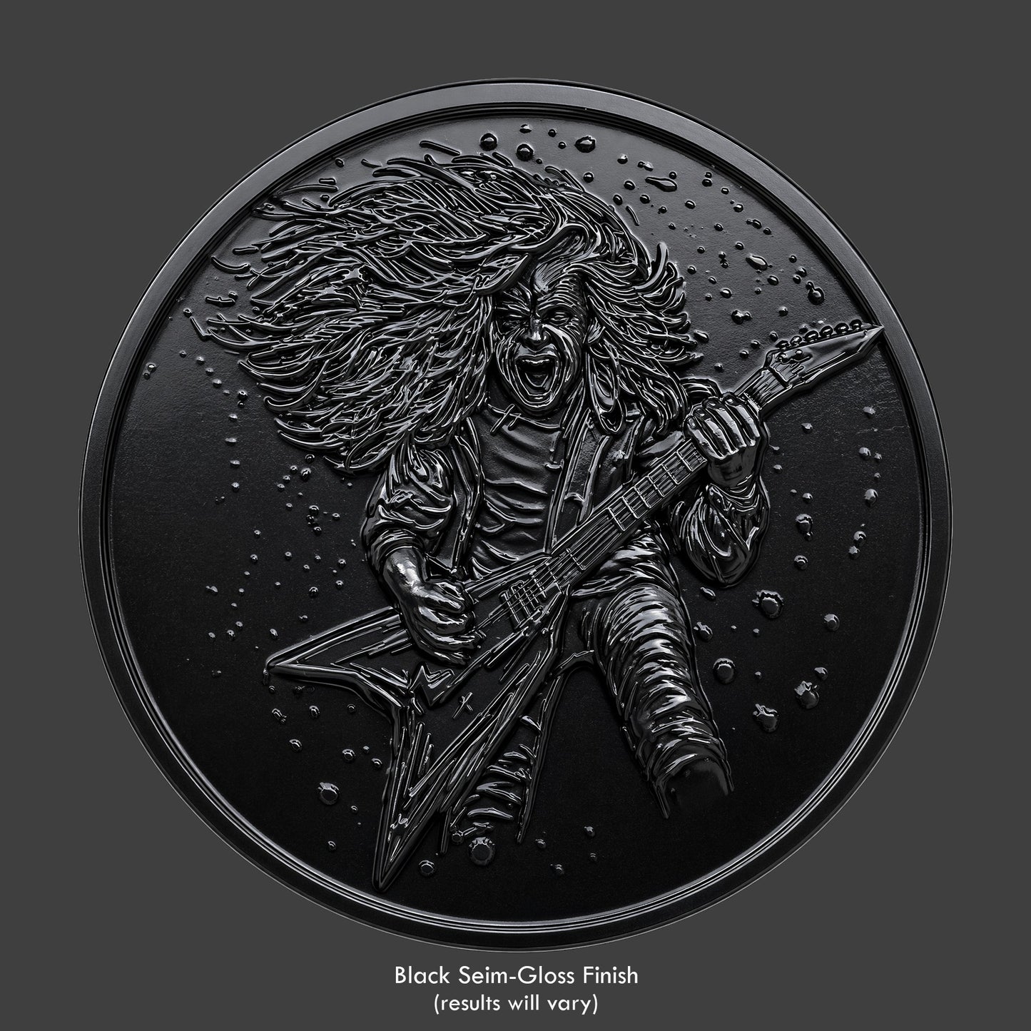 A rock guitarist on a black coin