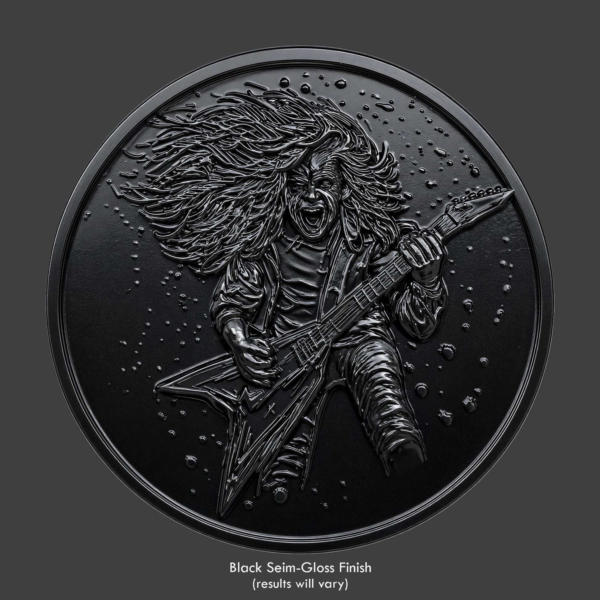 A rock guitarist on a black coin