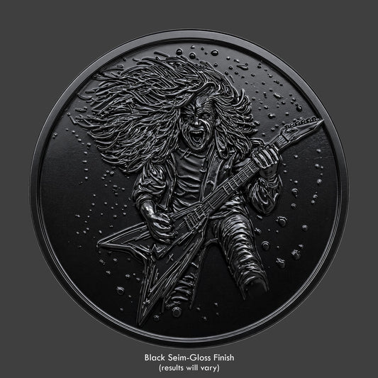 A rock guitarist on a black coin