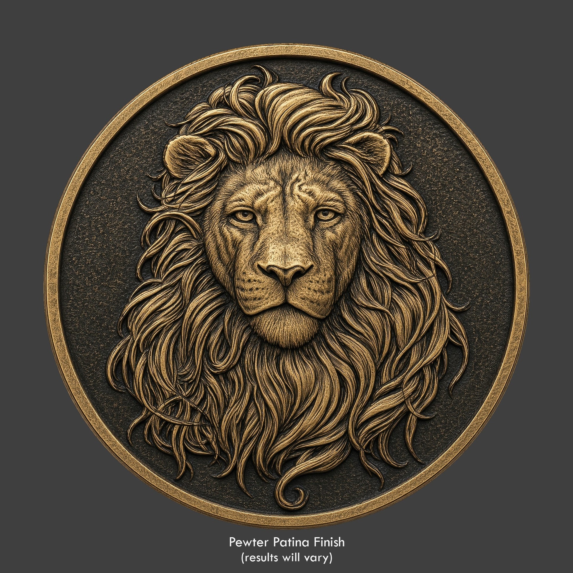 A gold finished, resin sculpted novelty coin of a male lion