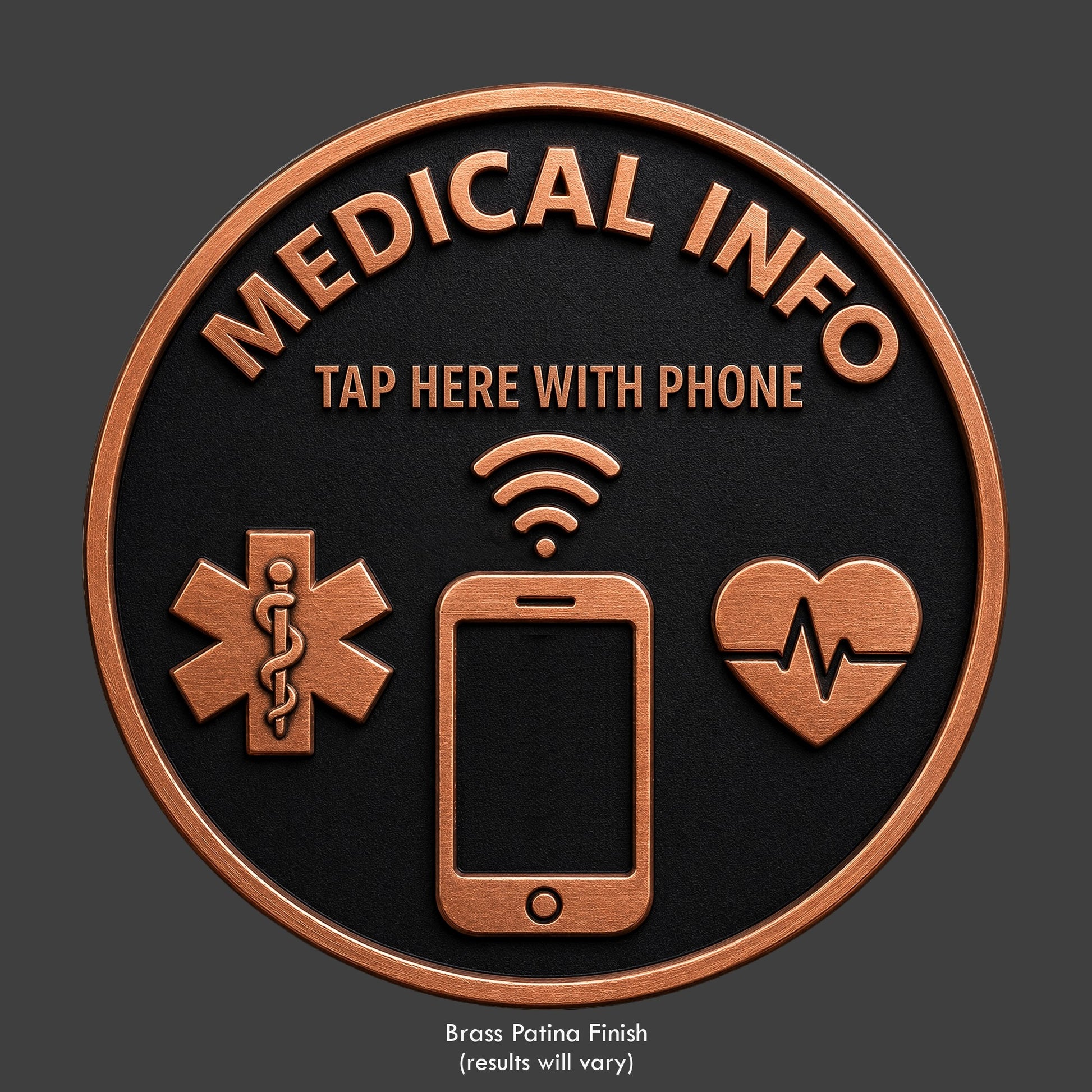 Round medical information tag readable by tapping with a smartphone.
