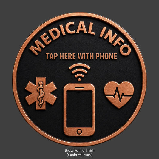 Round medical information tag readable by tapping with a smartphone.