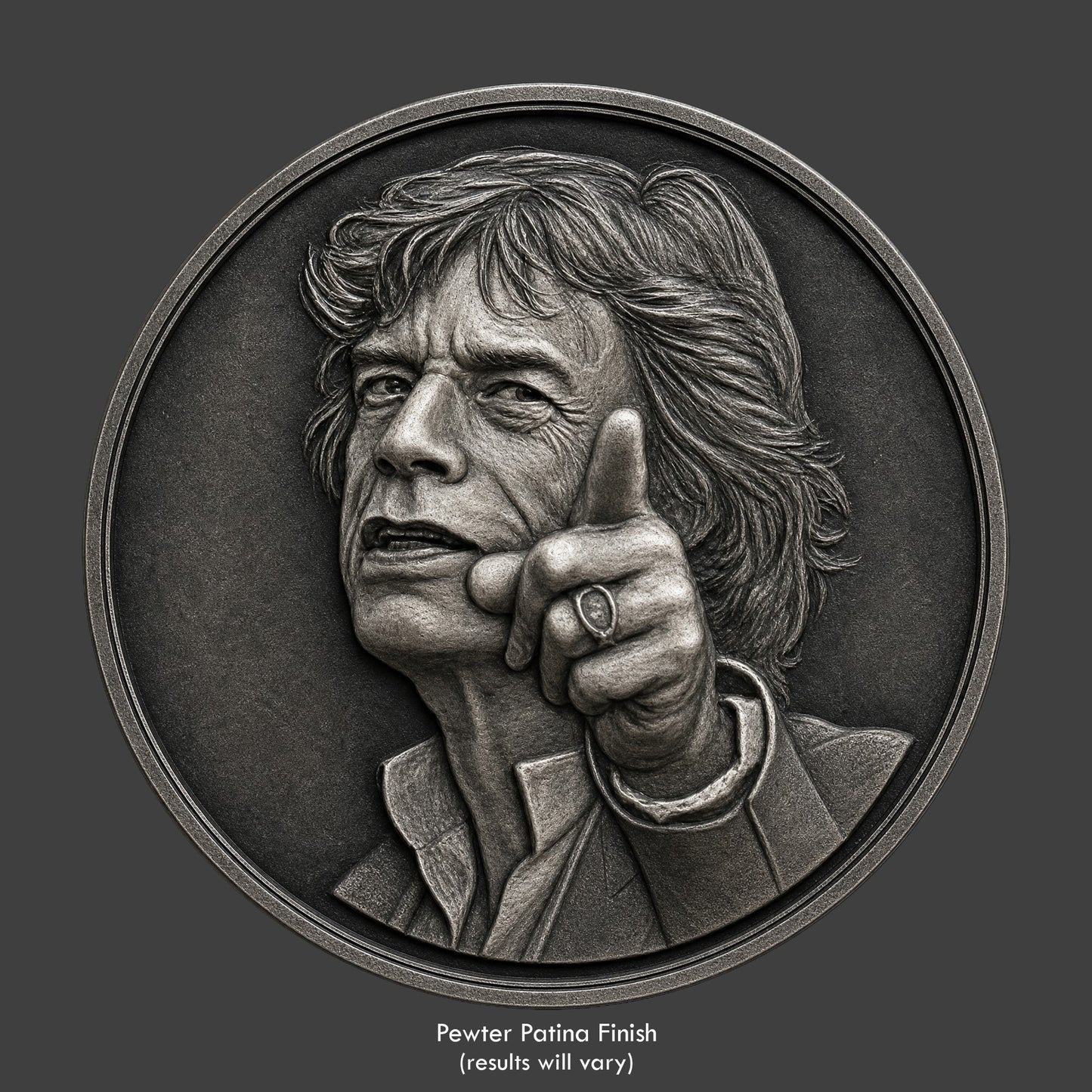 Mick Jaggar sculpted on a pewter patina coin