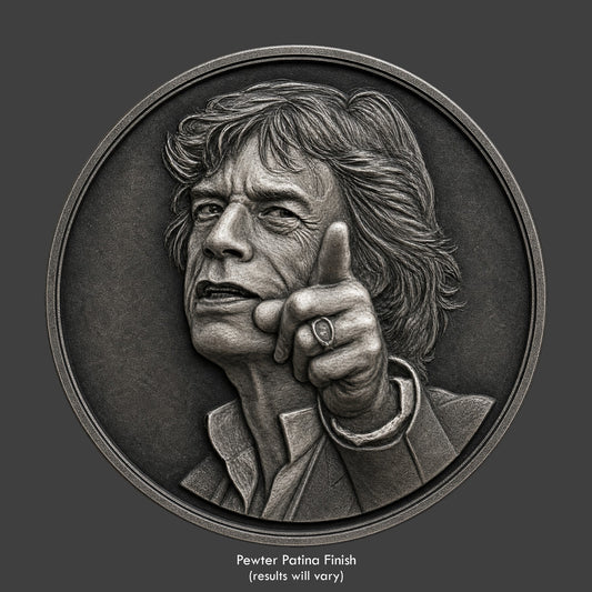 Mick Jaggar sculpted on a pewter patina coin