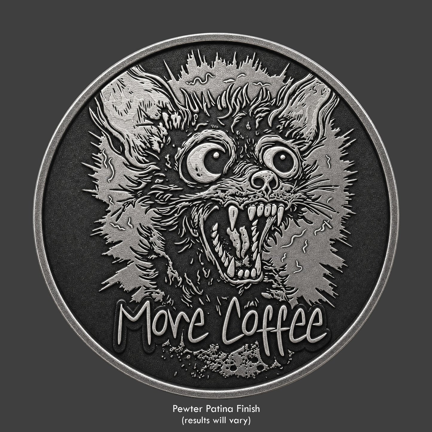 A coffee starved Chihuahua on a pewter patina coin 