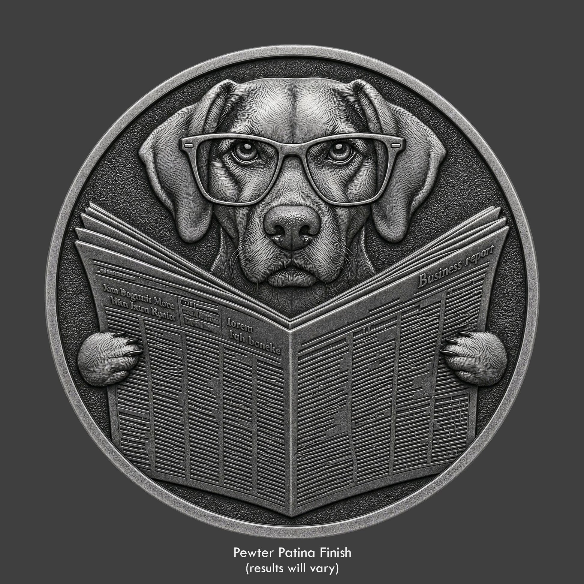 A pewter finished, resin sculpted coin of a Beagle dog