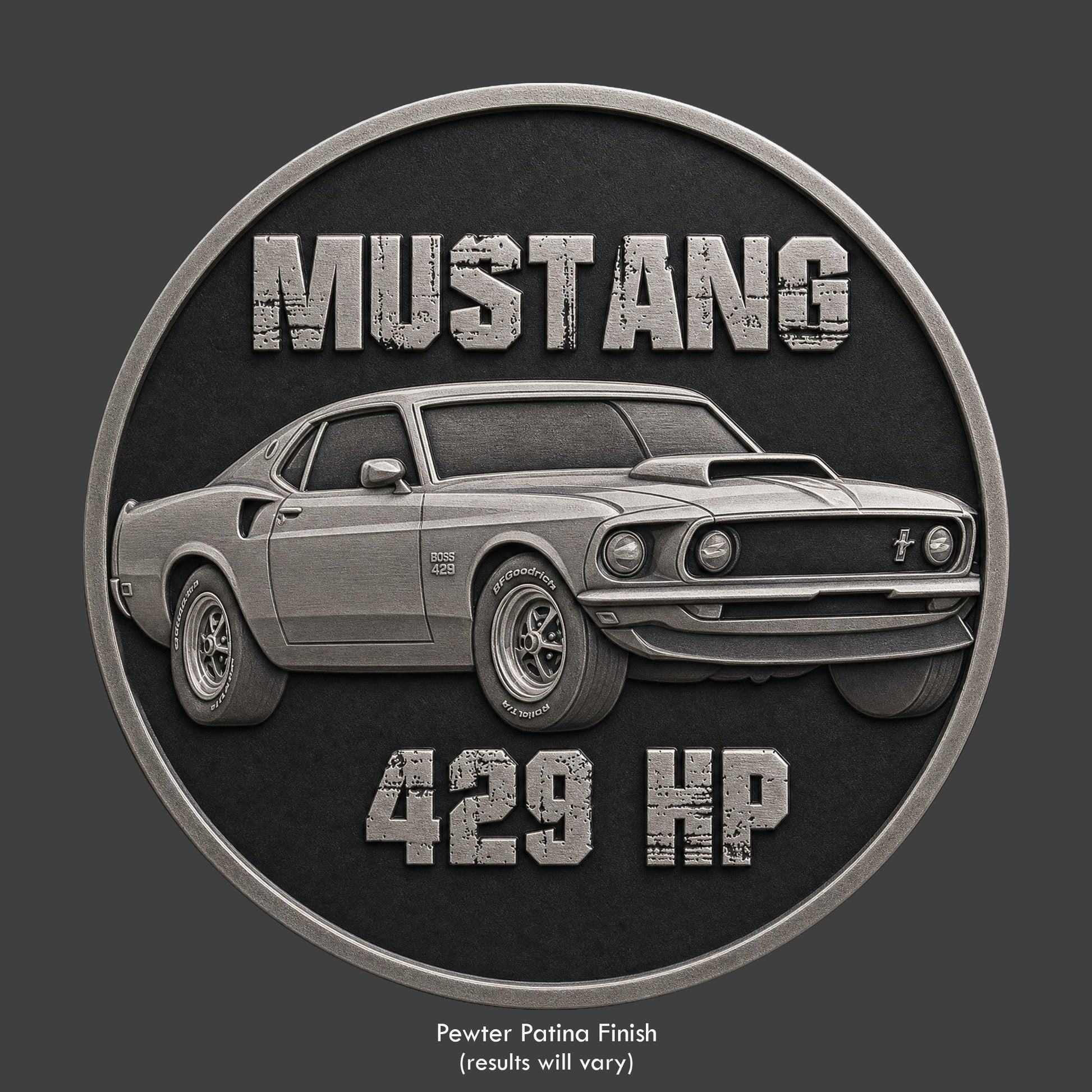 A silver finished, resin sculpted coin of a Mustang Boss 429