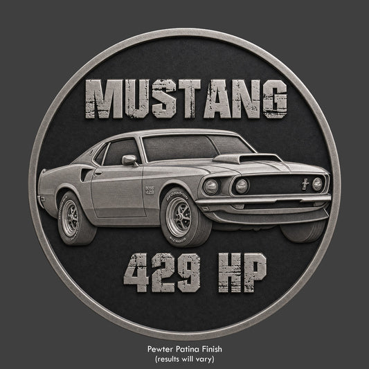 A silver finished, resin sculpted coin of a Mustang Boss 429