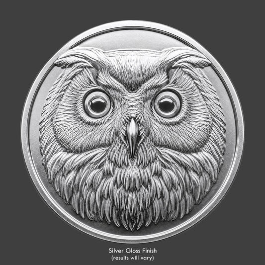 A silver finished, resin sculpted coin of an night owl
