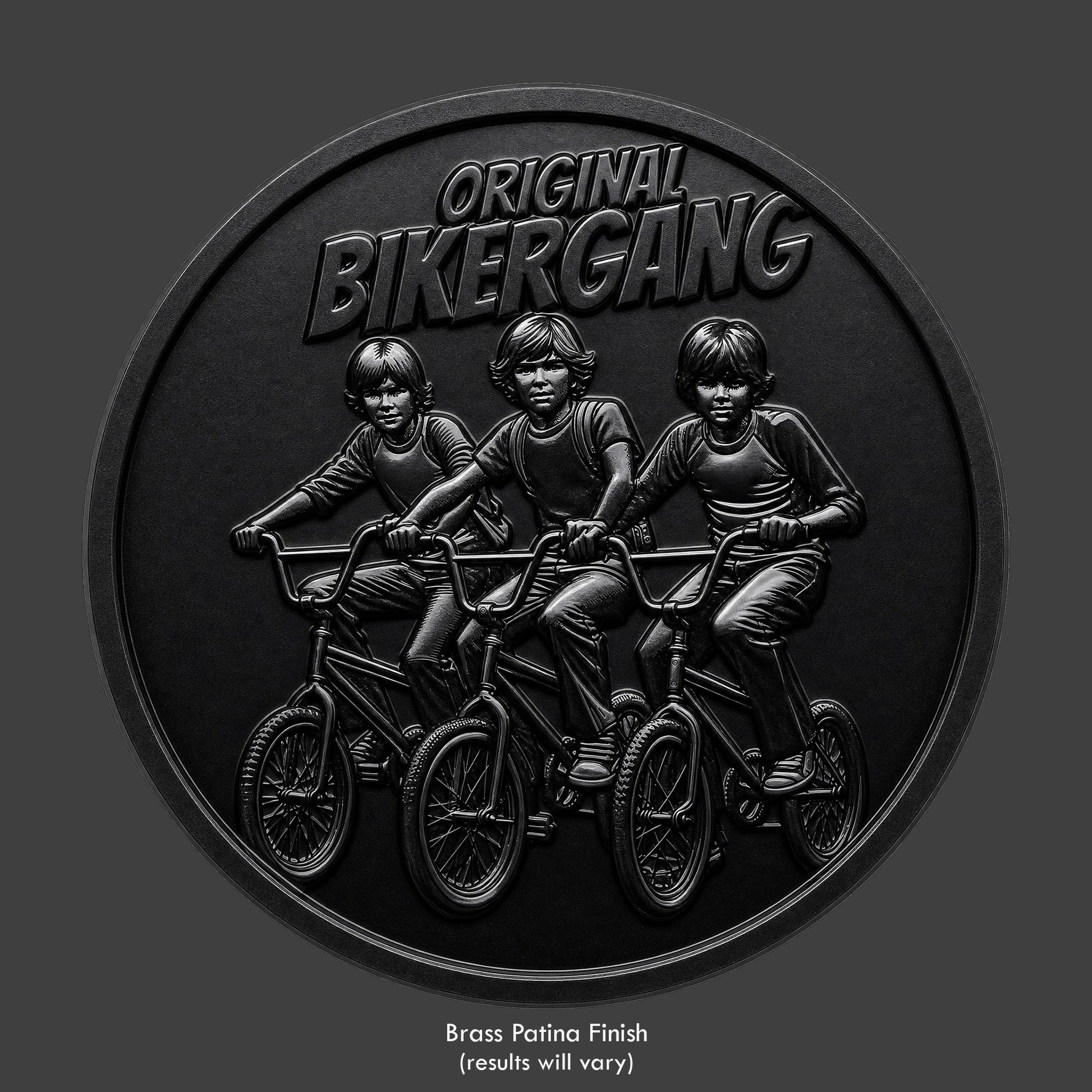 A black shiny coin of 3 kids on sting ray bikes
