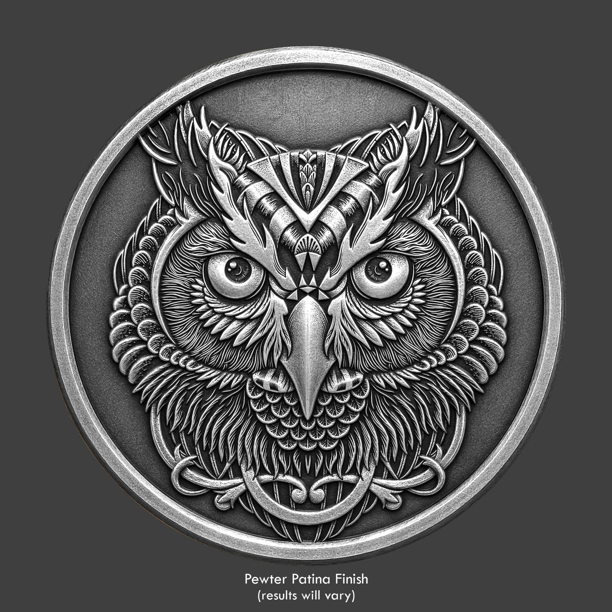 An ornate owl 3D printed on a resin coin