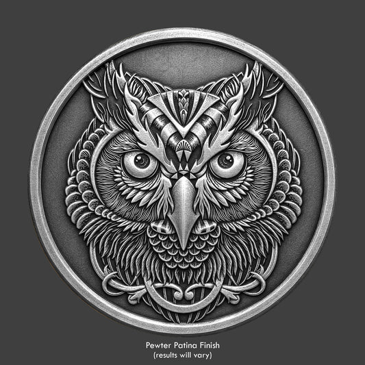 An ornate owl 3D printed on a resin coin