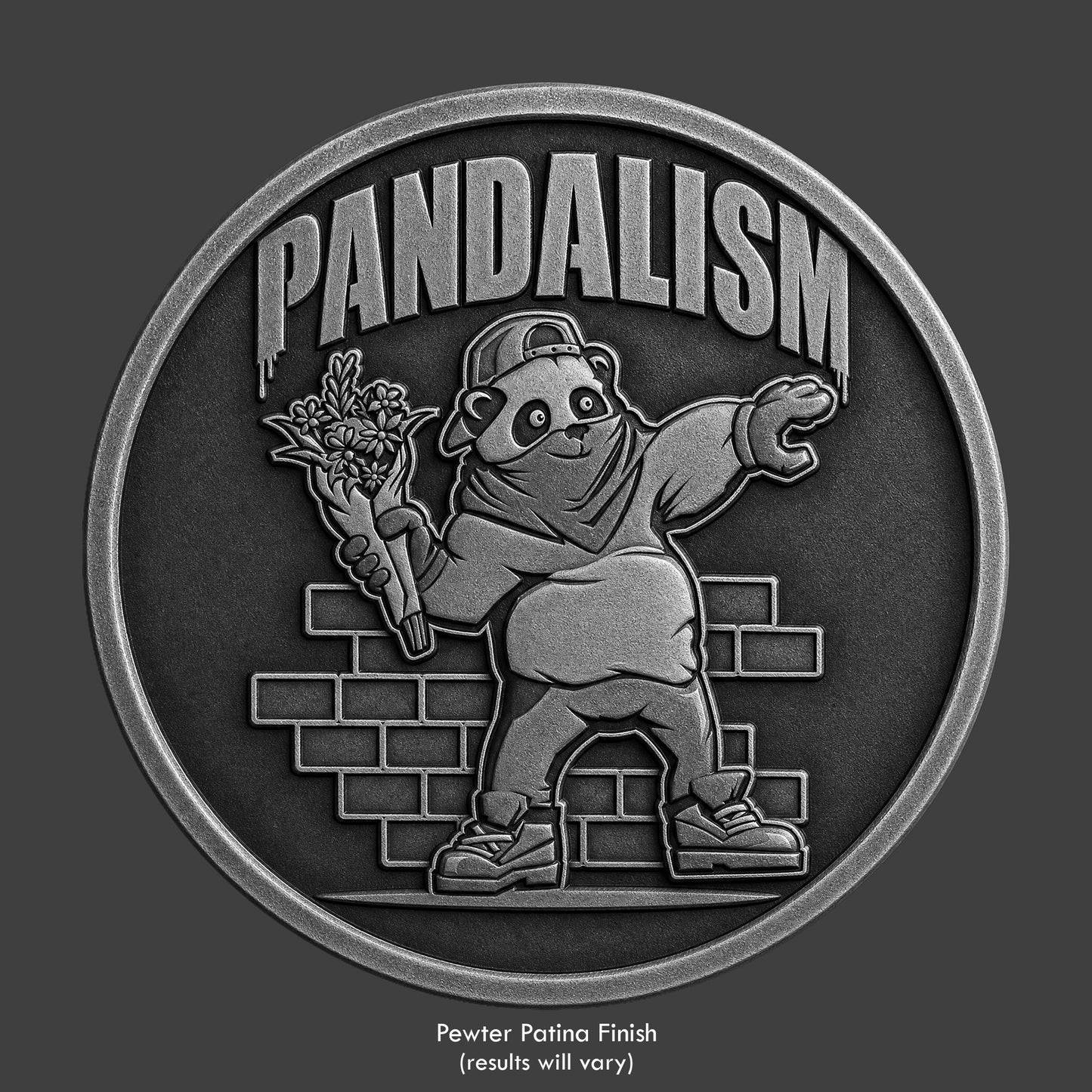 A pewter finished, resin sculpted coin of a panda bear throwing flowers