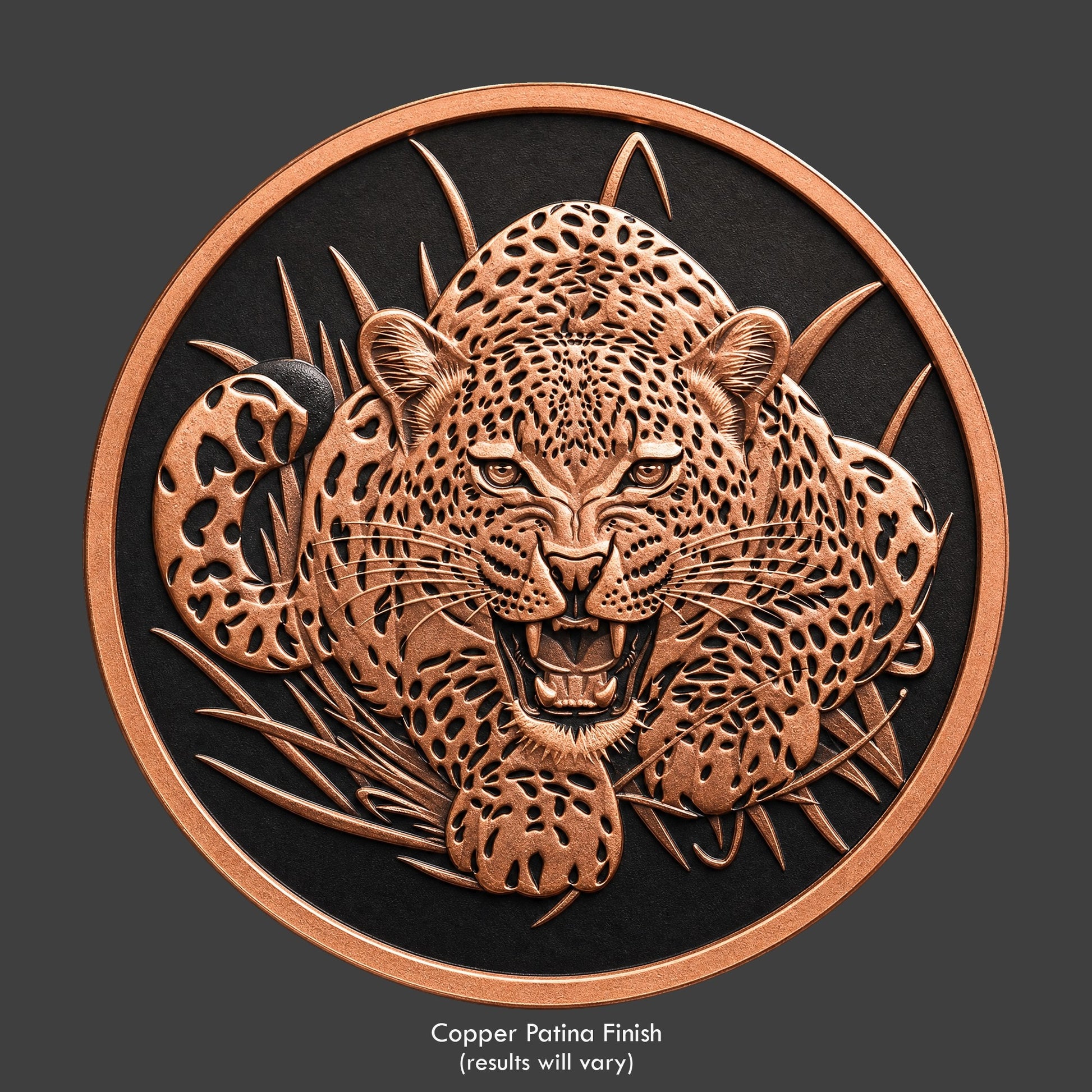 A copper finished, resin sculpted coin of a leopard