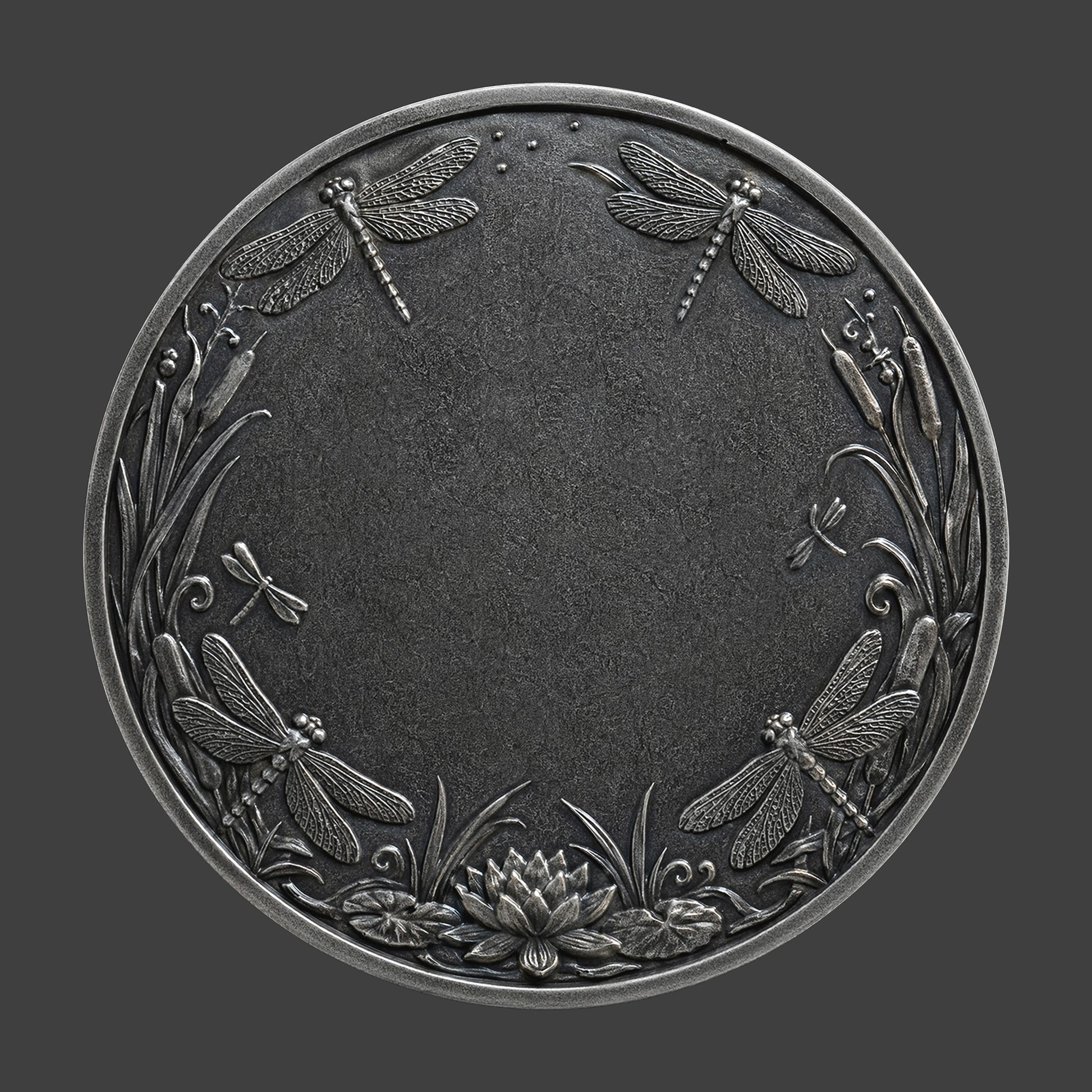 A pewter coin with dragonflys all around the rim