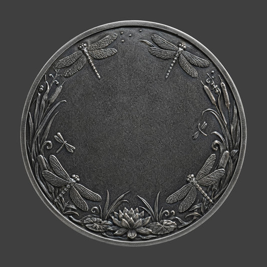 A pewter coin with dragonflys all around the rim