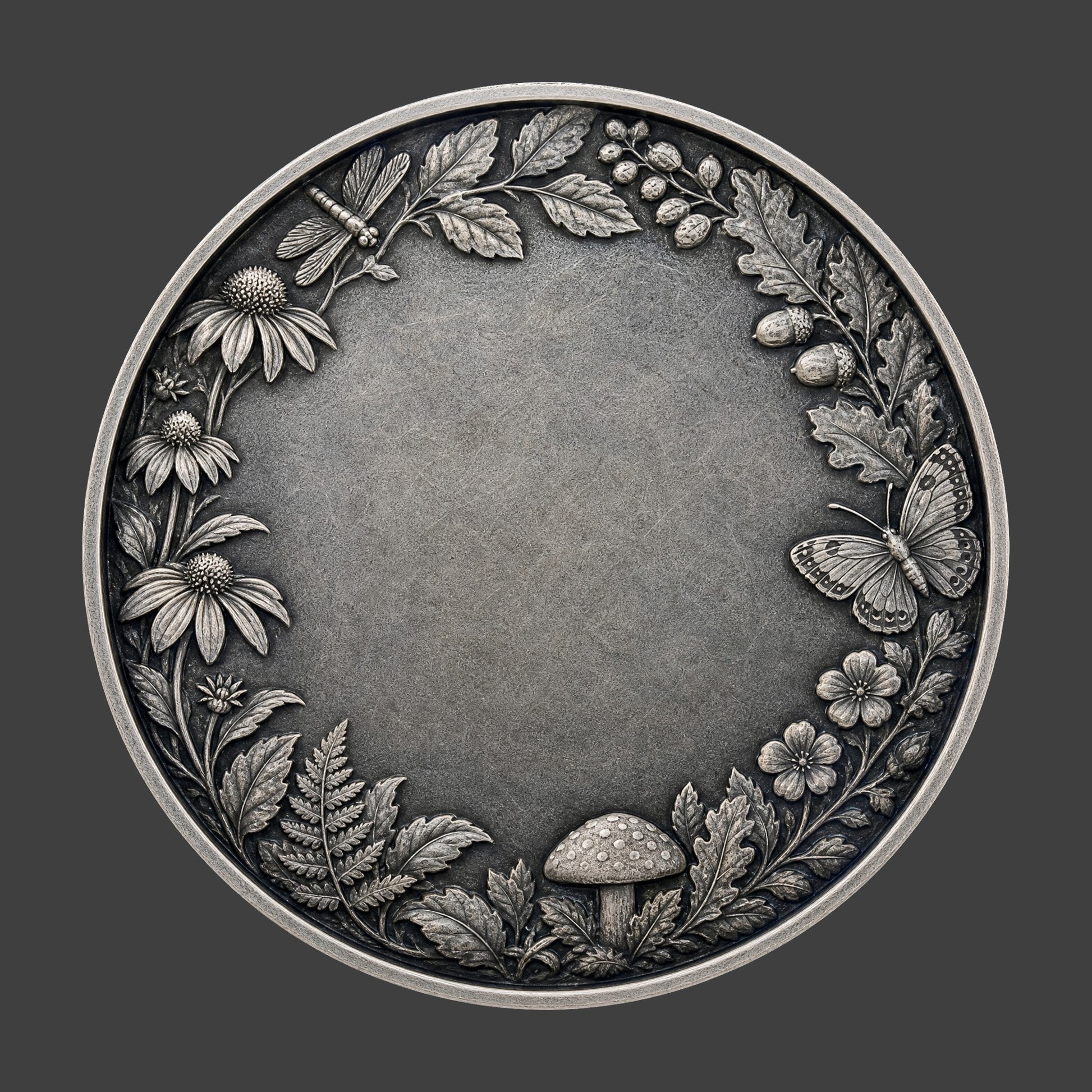Decorative round emblem with nature-themed elements on a dark background