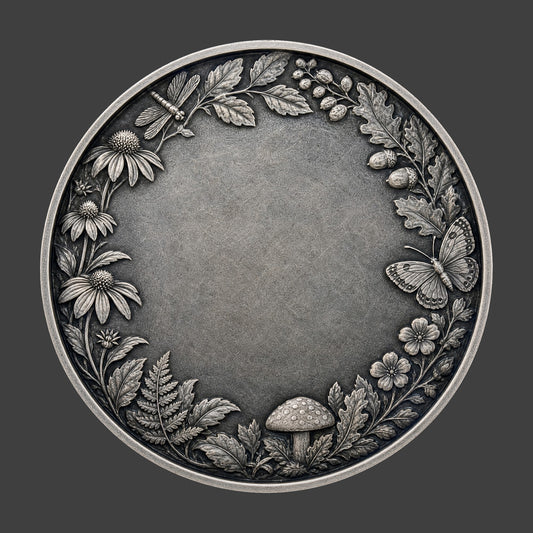 Decorative round emblem with nature-themed elements on a dark background
