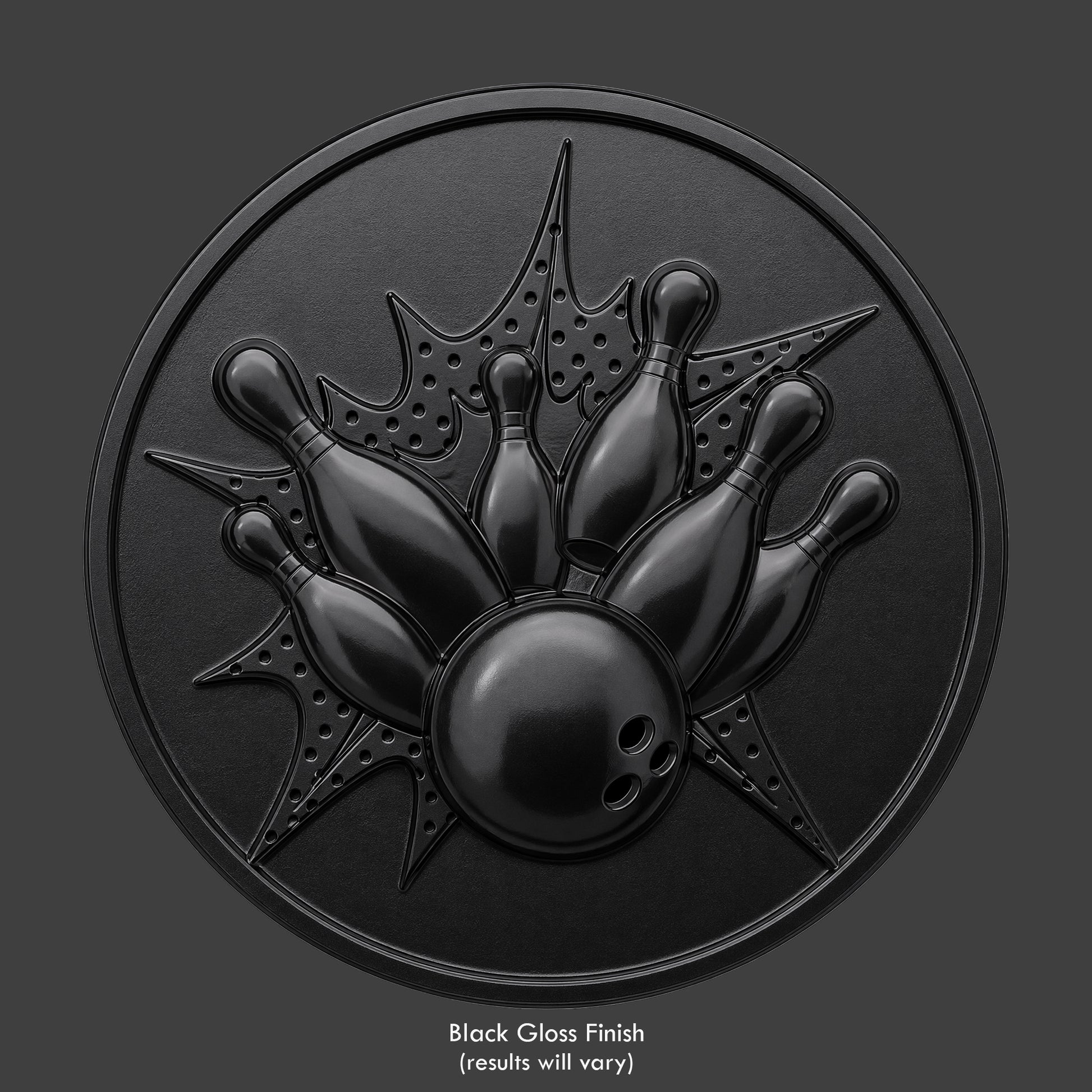 A bowling alley strike on a gloss black coin