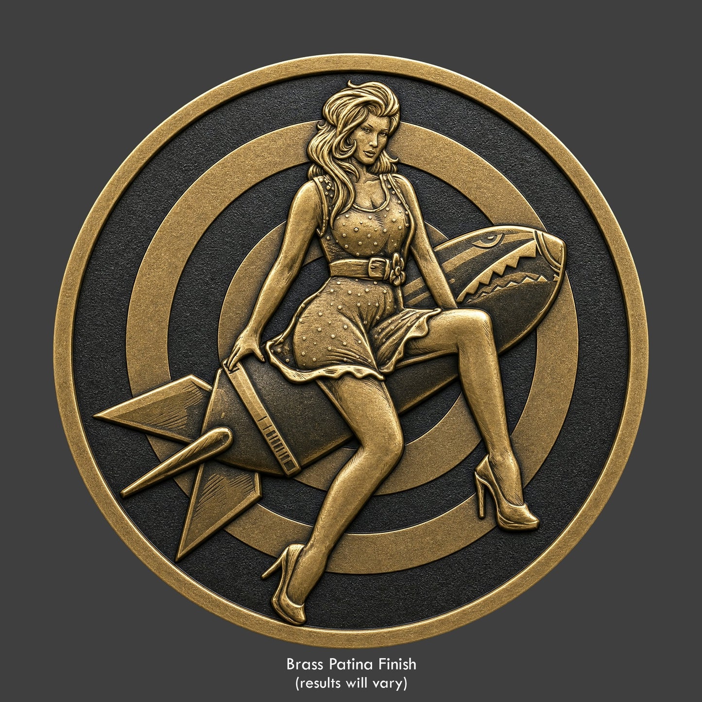 A brass finished, resin sculpted coin of a pinup girl