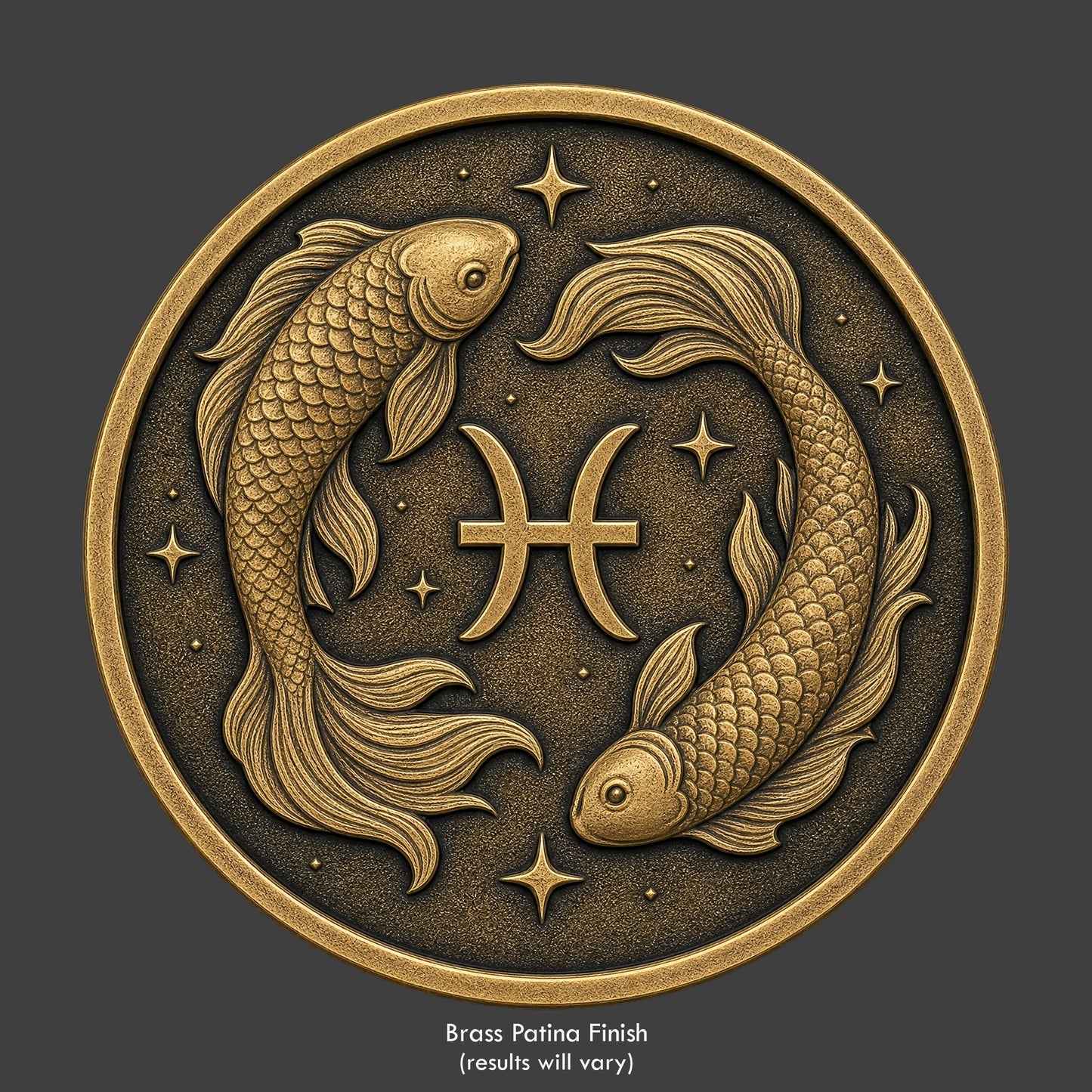A Pisces_Zodiac symbol on a brass patina coin