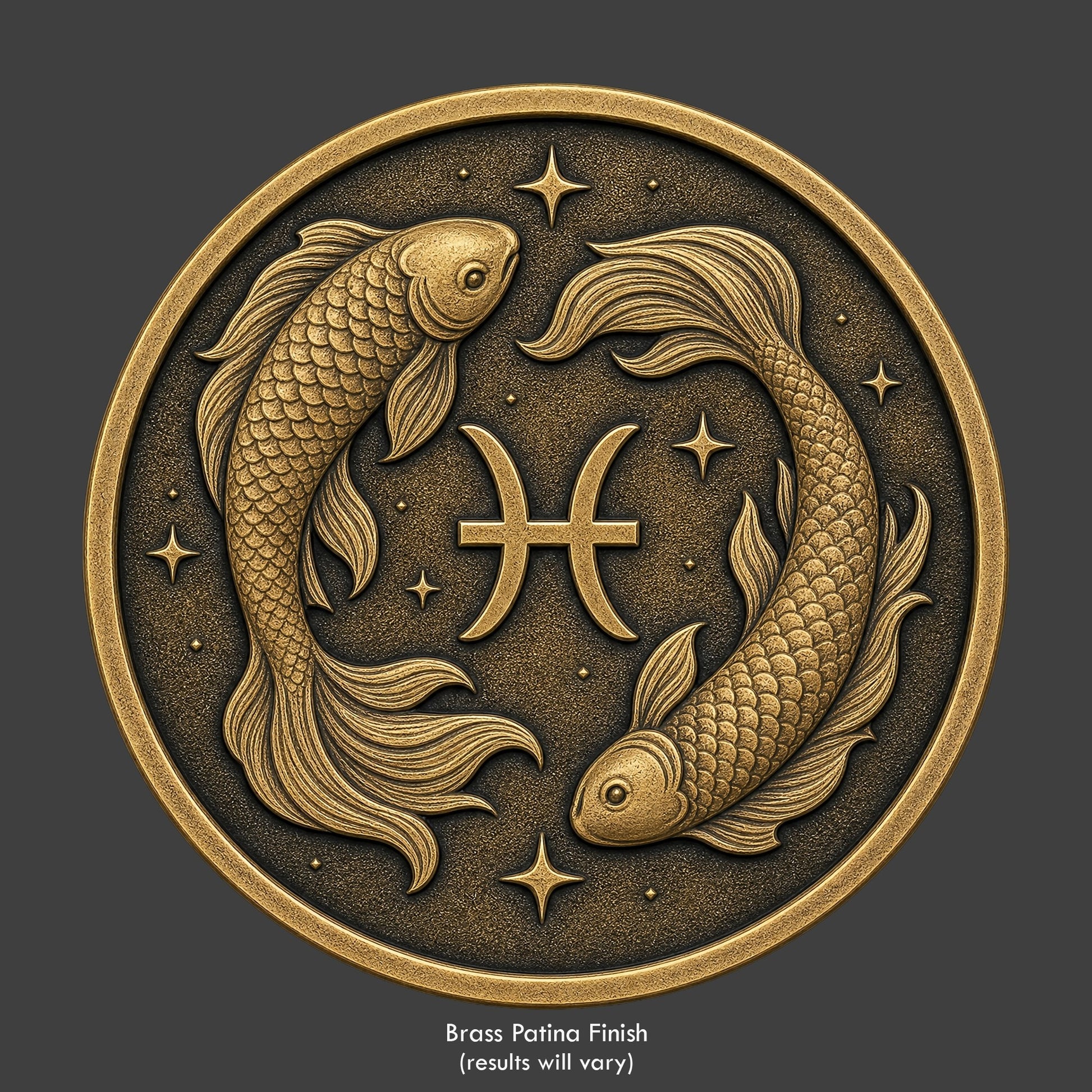 A Pisces_Zodiac symbol on a brass patina coin