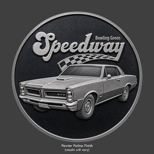 A silver finished, resin sculpted coin of a Pontiac GTO