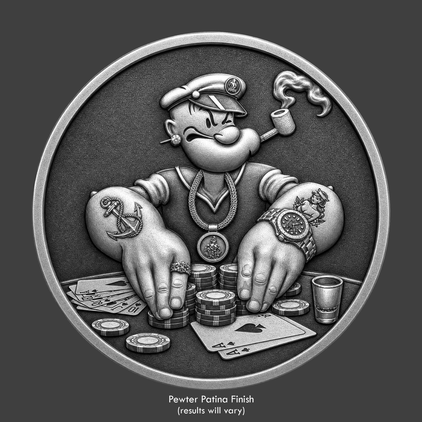 Cartoon character with tattoos and a Rolex watch surrounded by poker chips and cards on a black background.