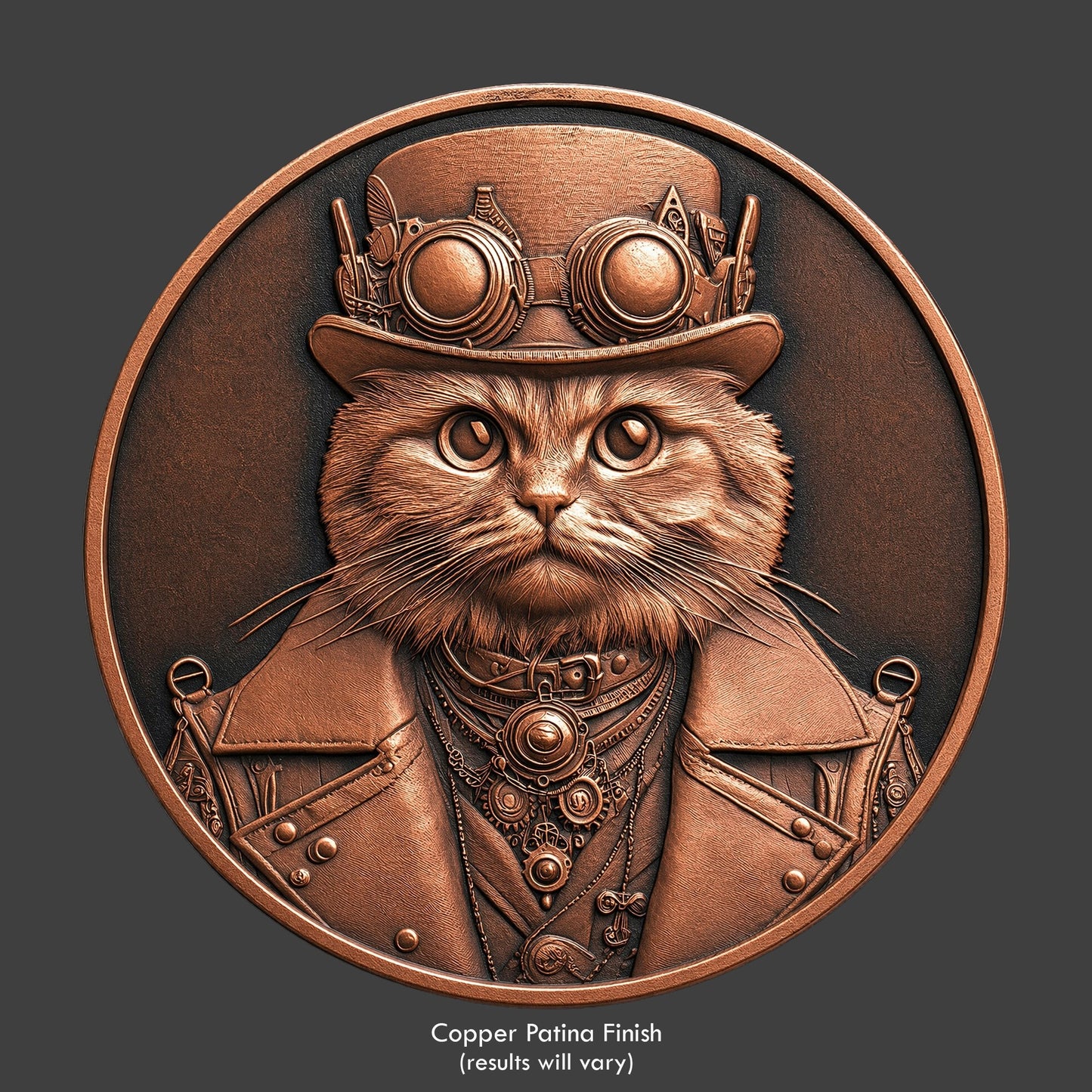 A copper finished, resin sculpted coin of a steampunk cat