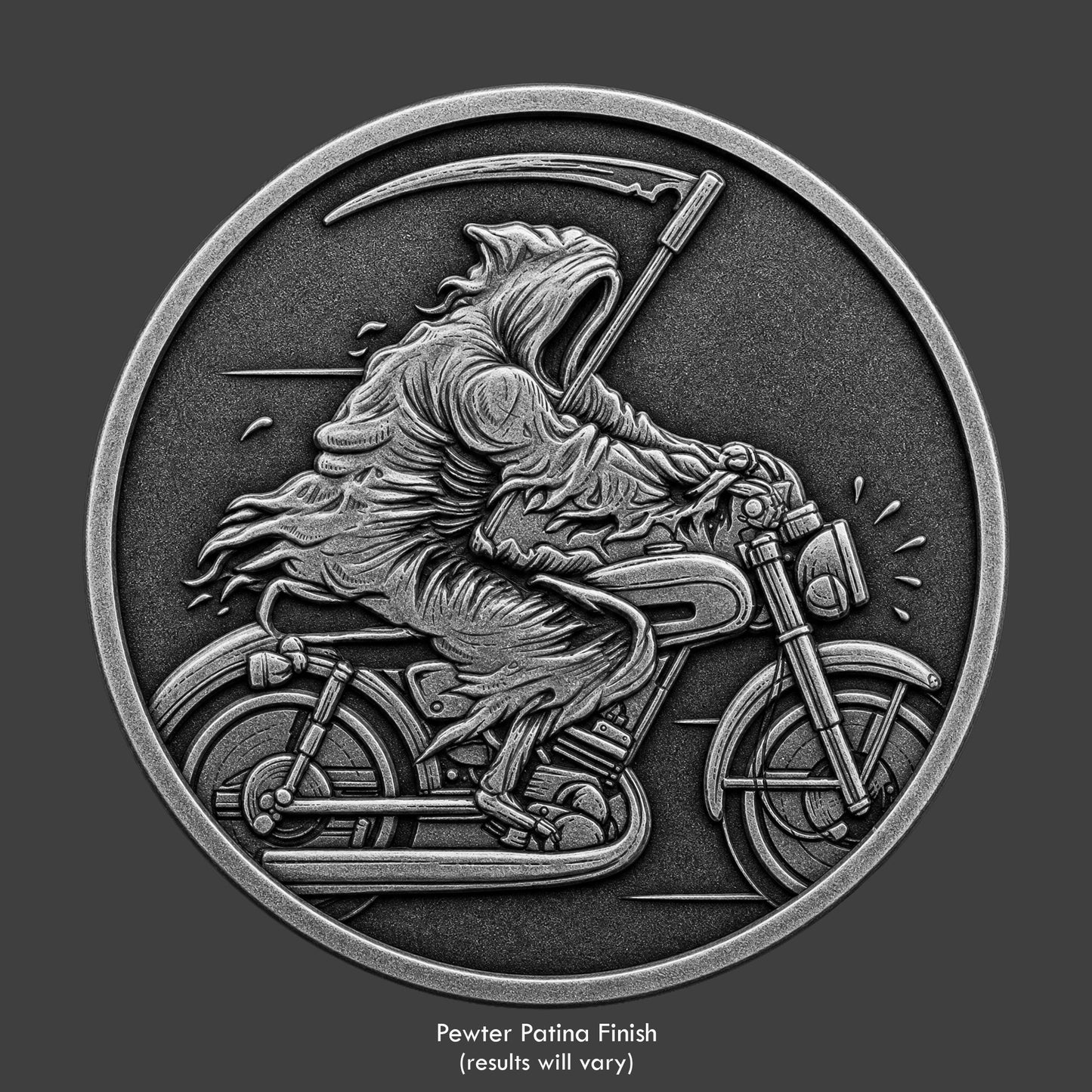 A silver finished, resin sculpted coin of the reaper riding a motorcycle