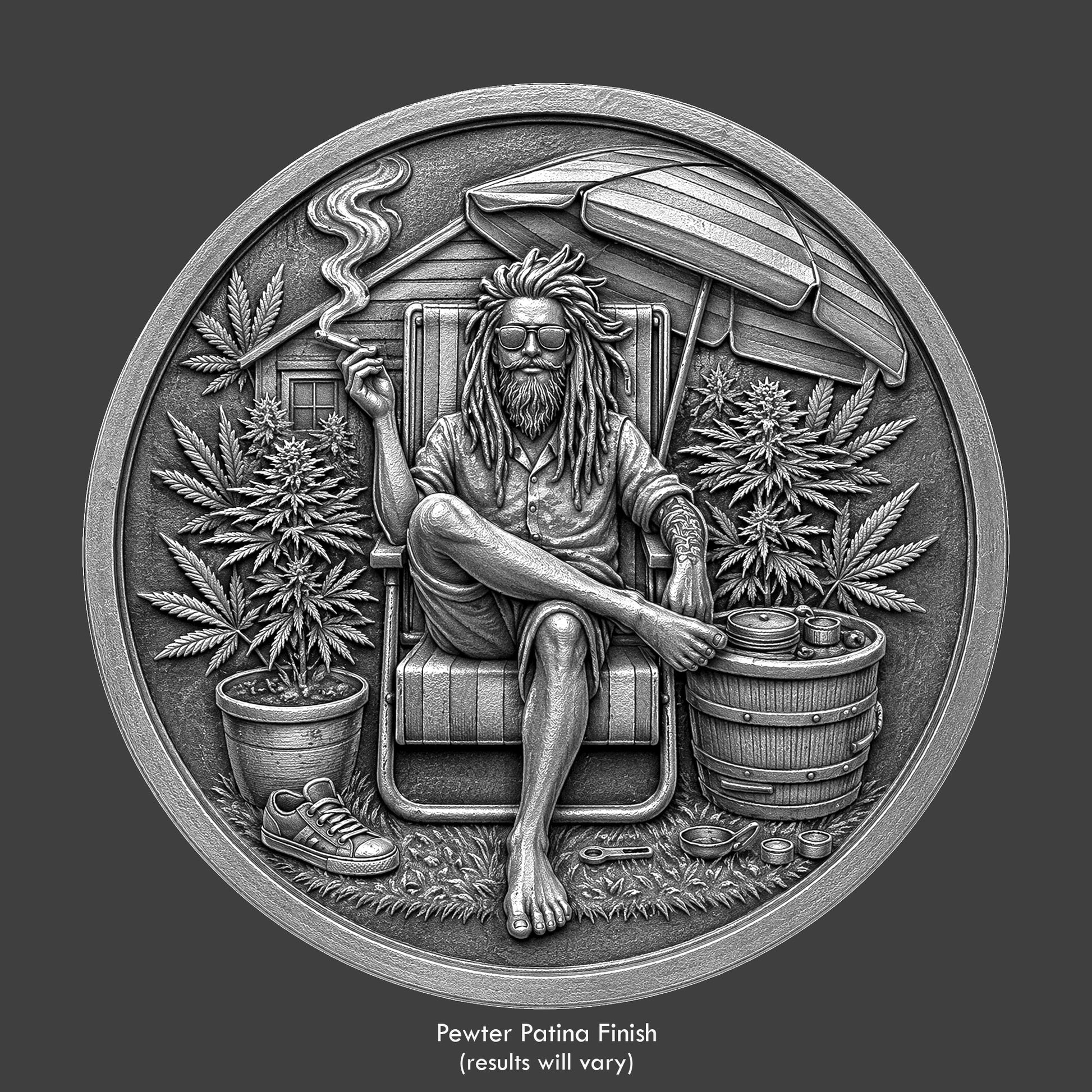 A pewter finished, resin sculpted coin of a man relaxing