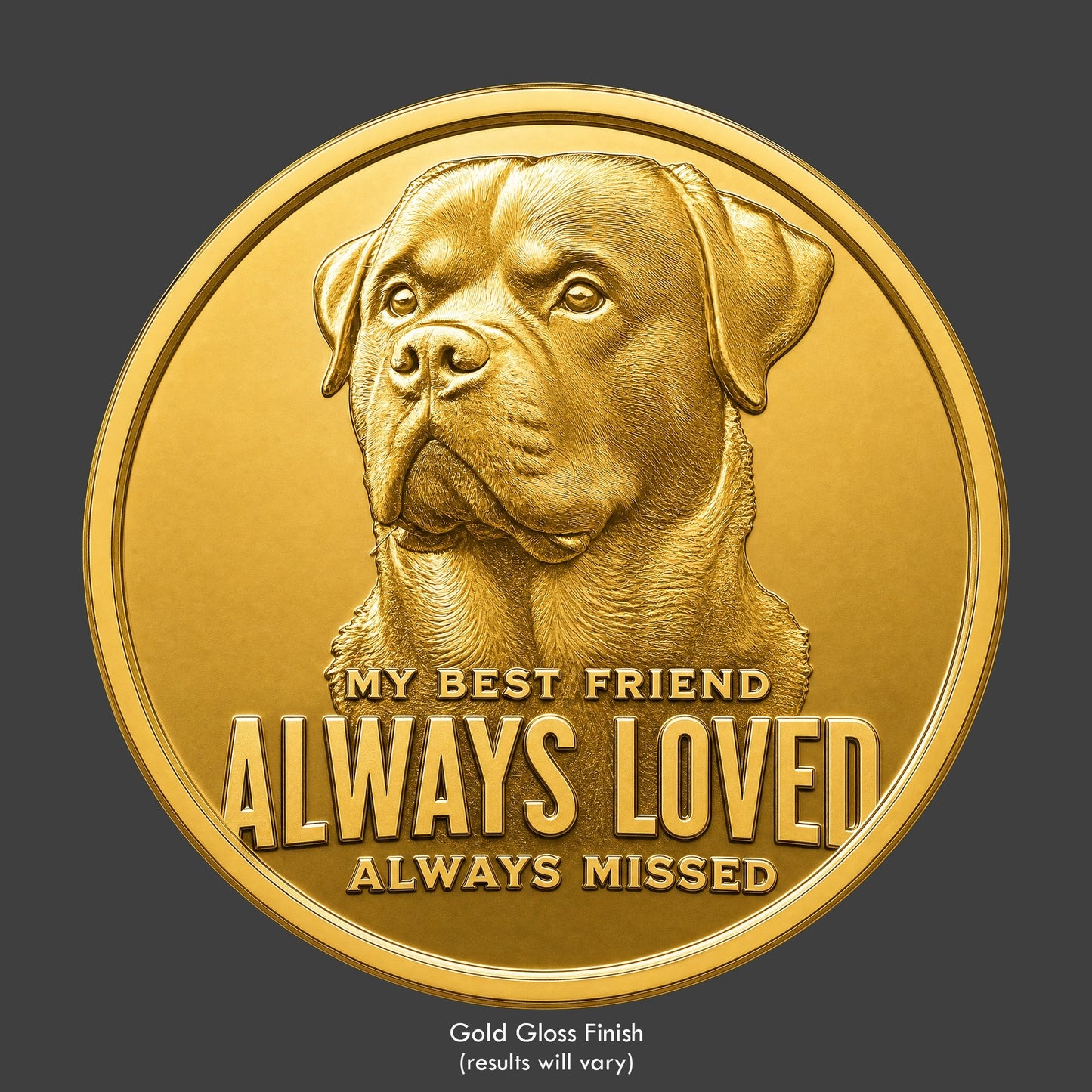 A brass finished, resin sculpted coin of a Rottweiler