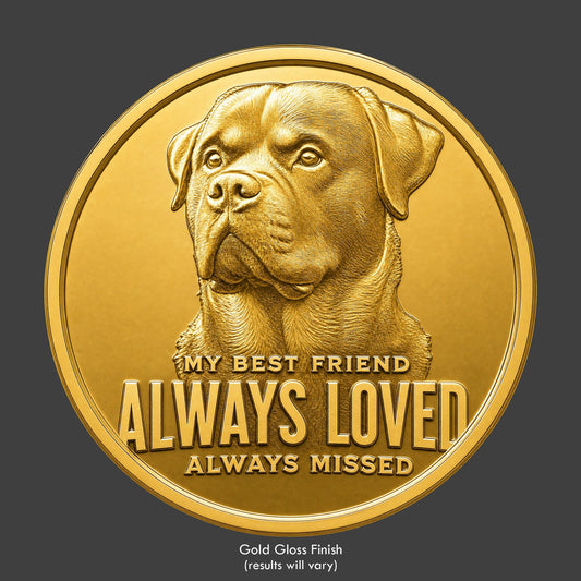 A brass finished, resin sculpted coin of a Rottweiler