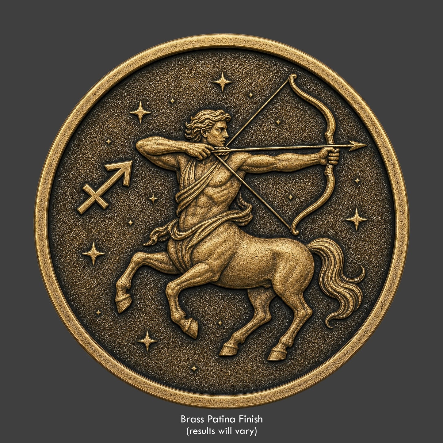 A Sagittarius Zodiac Symbol on a brass patina coin
