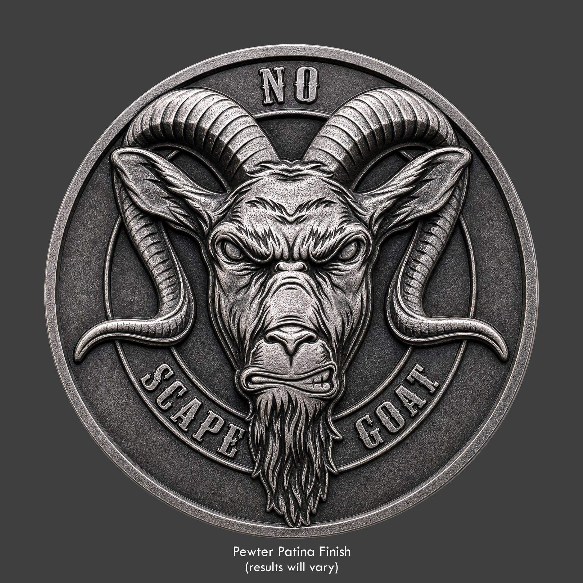 A pewter finished, resin sculpted coin of a goat
