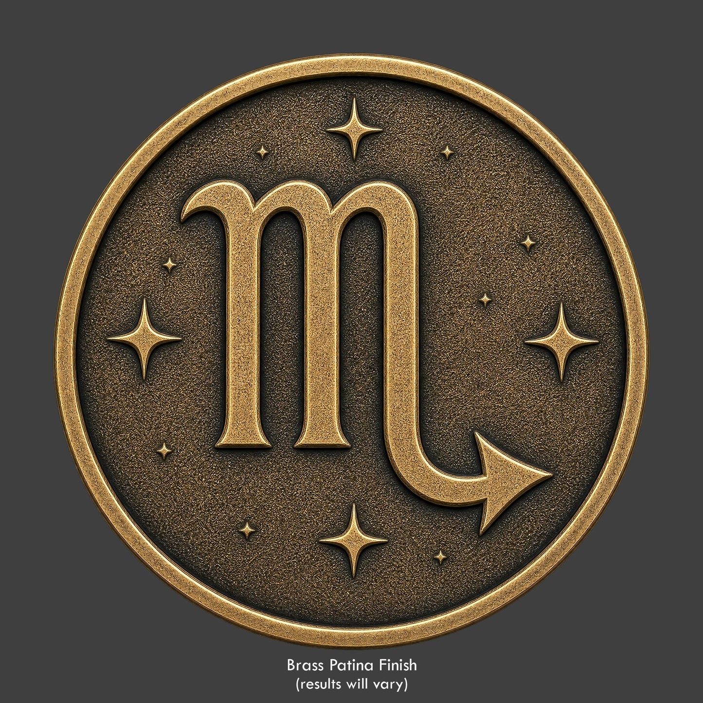 A Scorpio Zodiac symbol on a brass patina coin