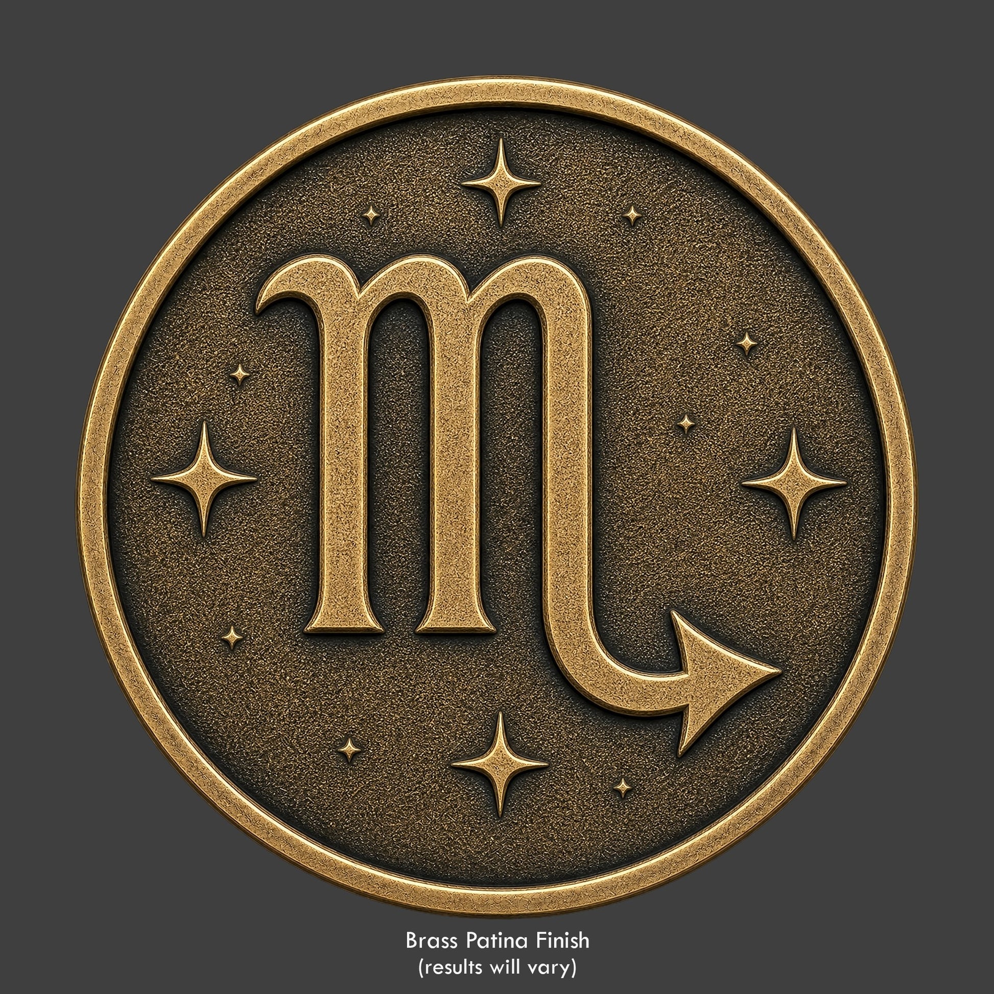 A Scorpio Zodiac symbol on a brass patina coin