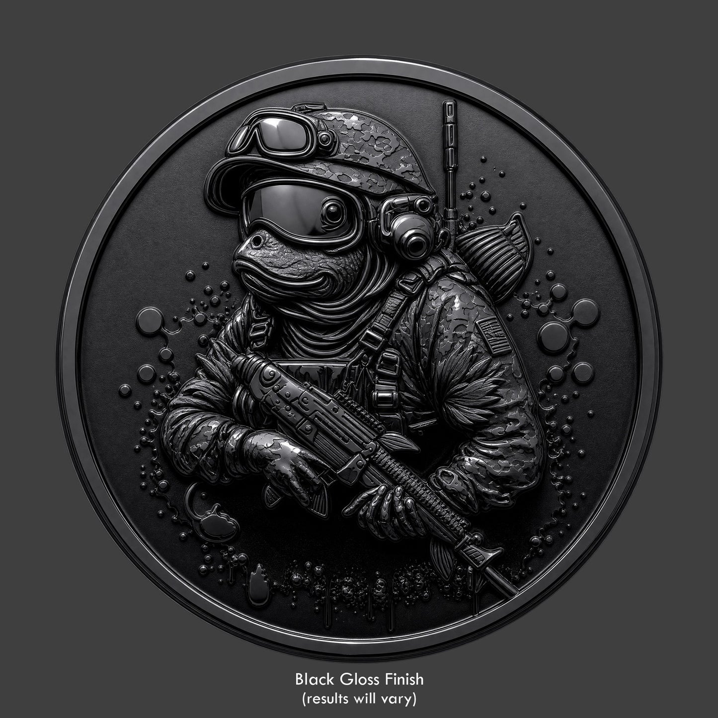 A black finished, resin sculpted coin of a Navy Seal frog