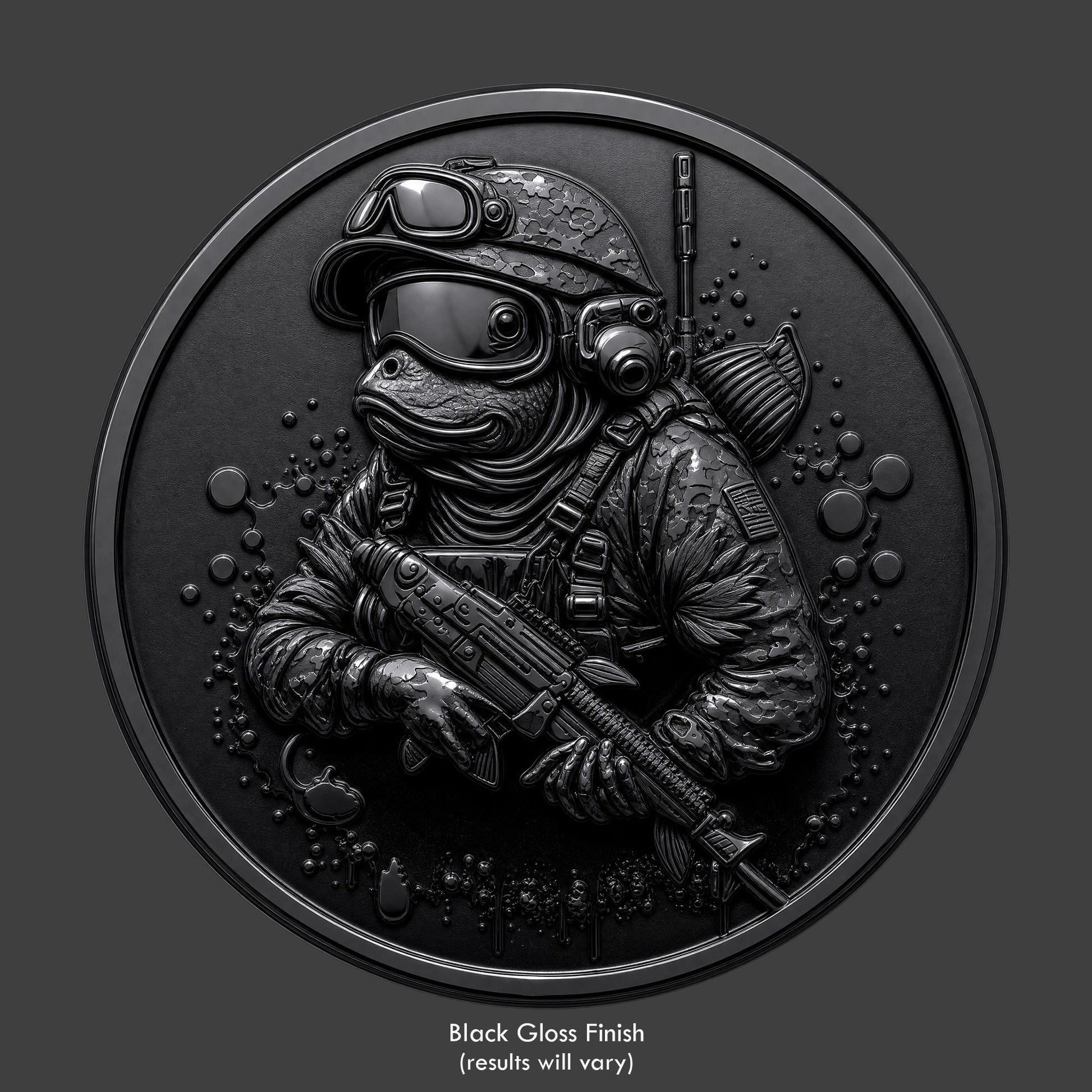 A black finished, resin sculpted coin of a Navy Seal frog