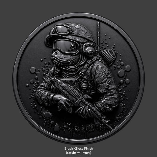 A black finished, resin sculpted coin of a Navy Seal frog