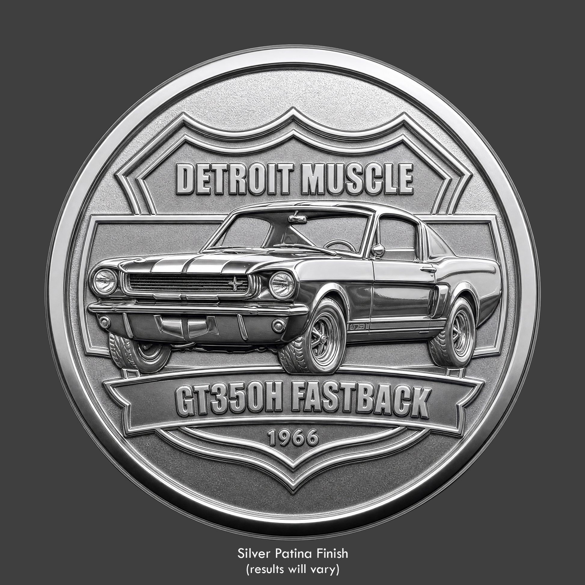 A silver finished, resin sculpted coin of a Shelby GT350 Mustang