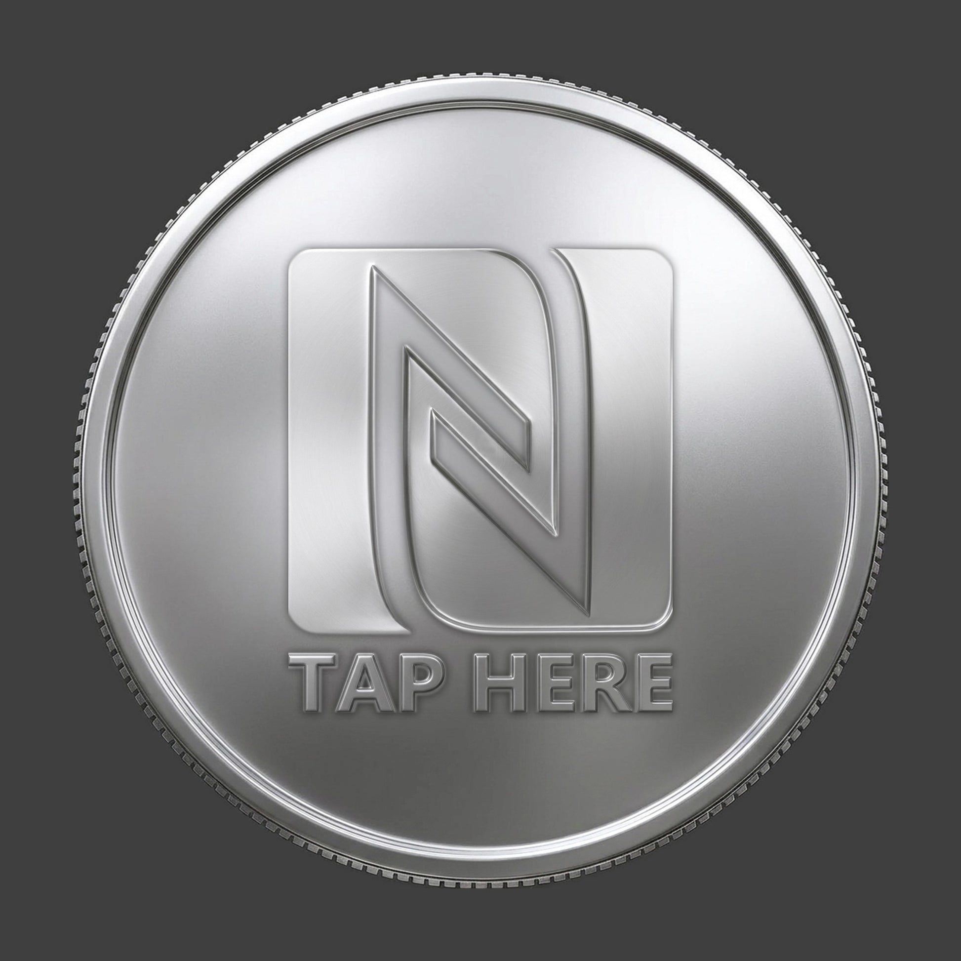 A silver reeded TapCoin with an NFC logo 