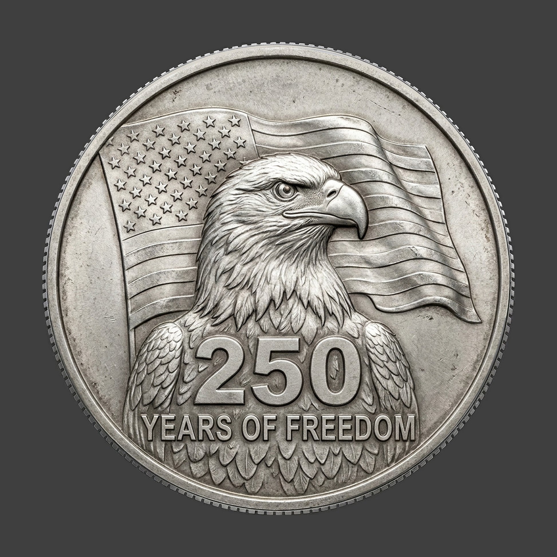 A silver coin of an american eagle with a flag behind it