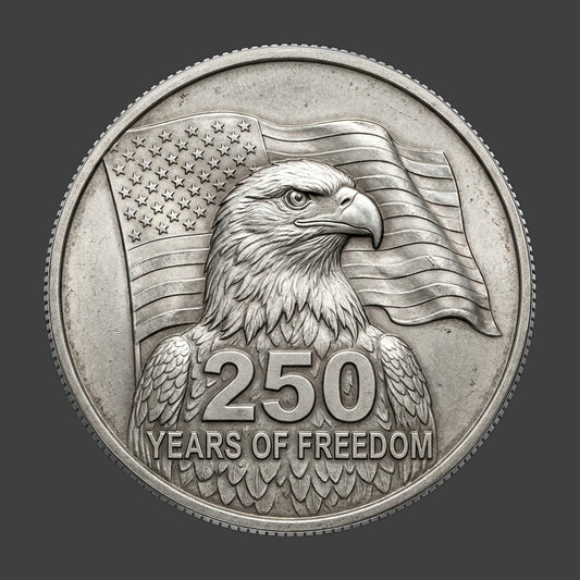 A silver coin of an american eagle with a flag behind it