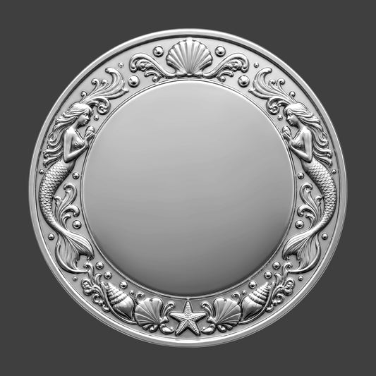A silver coin with mermaids circled around  the edge