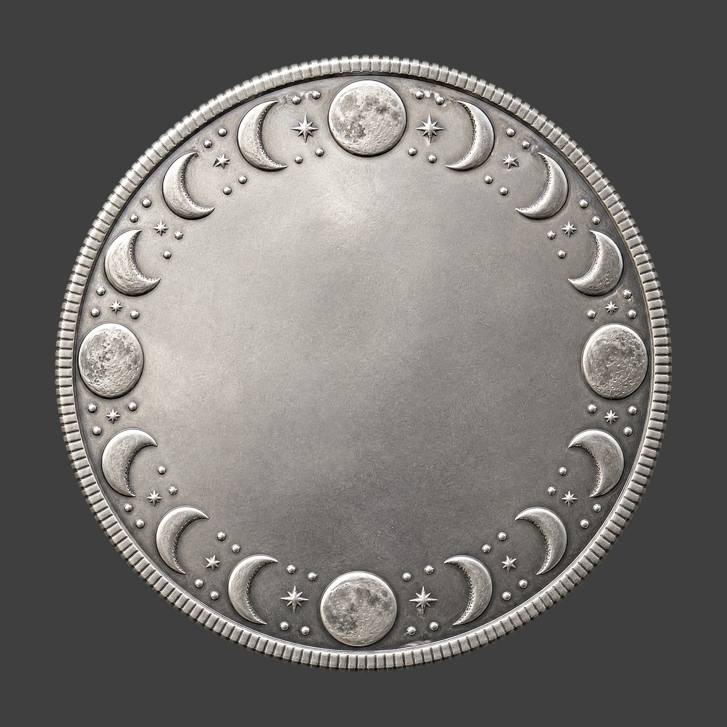 Decorative silver coin with moon phases on a dark background