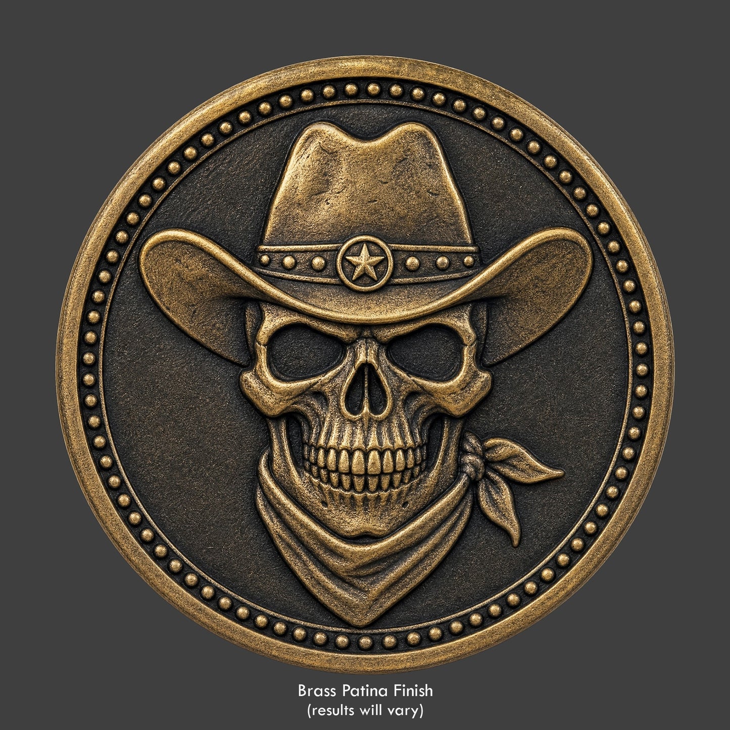 A brass finished, resin sculpted coin of a skull cowboy