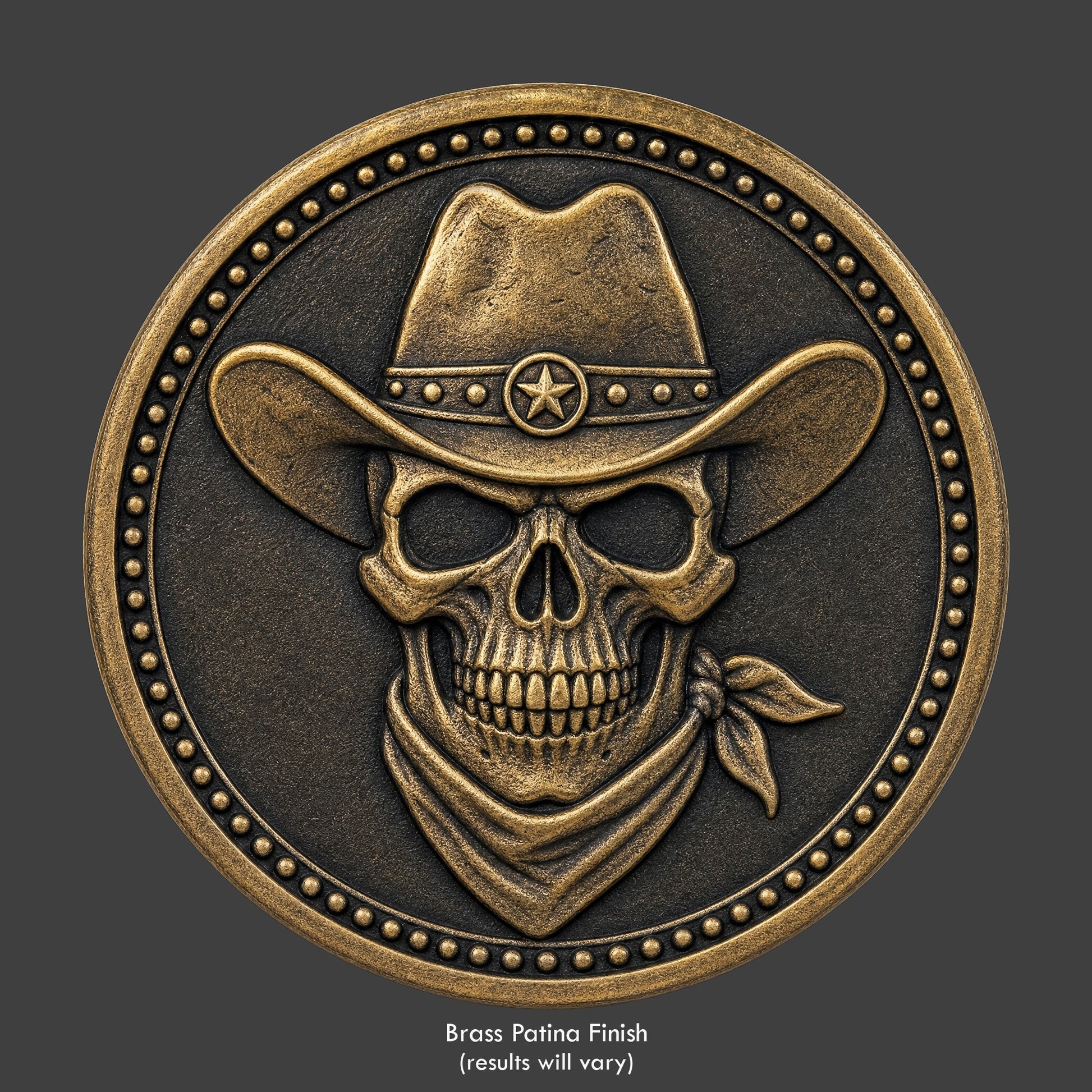 A brass finished, resin sculpted coin of a skull cowboy