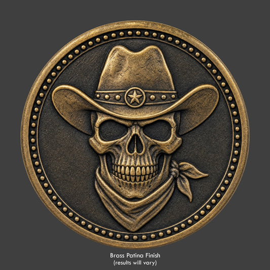 A brass finished, resin sculpted coin of a skull cowboy