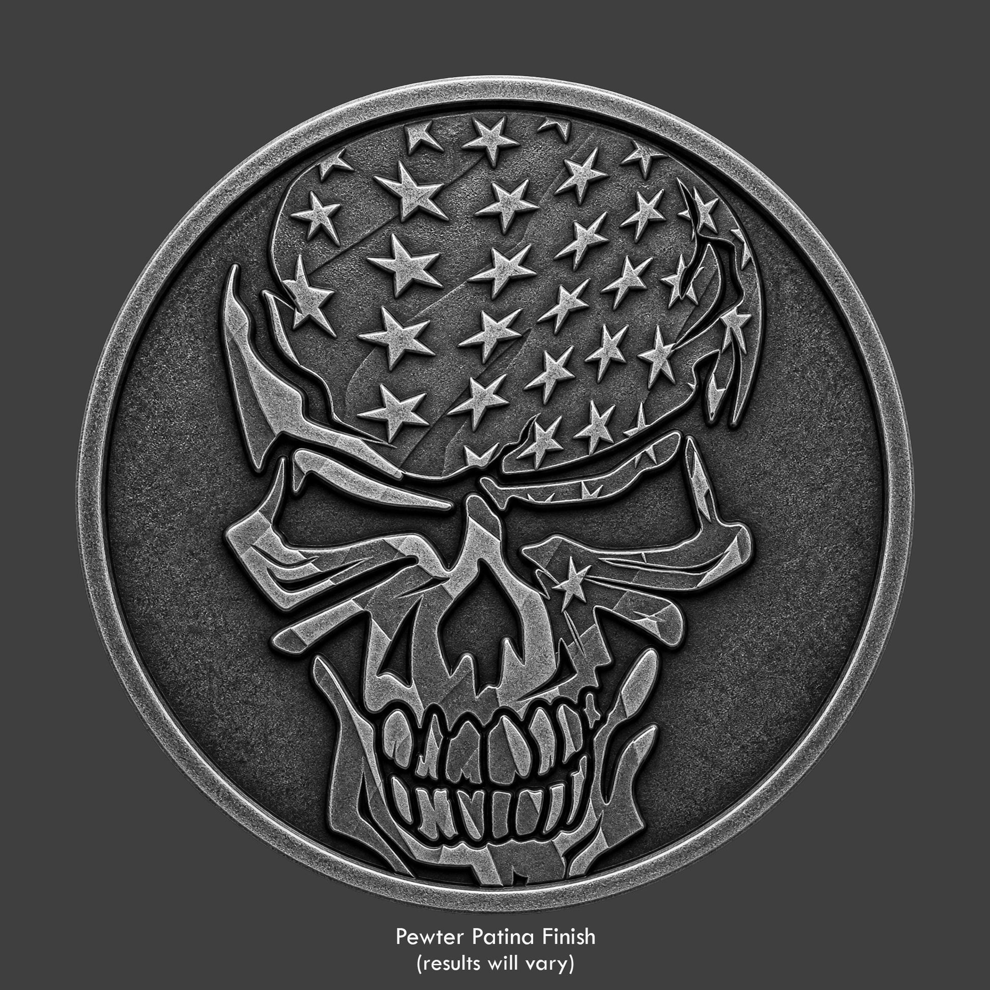 A pewter finished, resin sculpted coin of a of a skull shaped flag